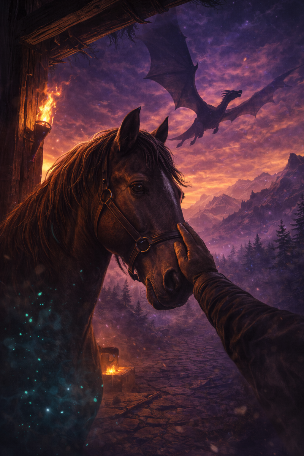 Mounts — horse in stable with dragon flying in background